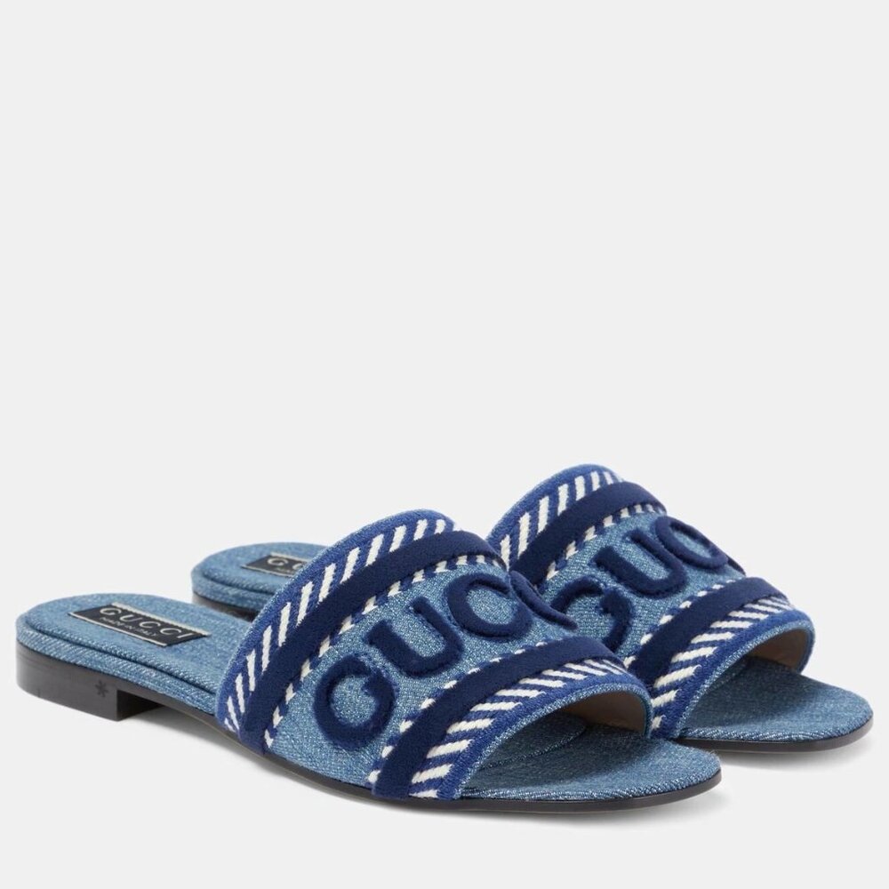 Gucci Jane Denim Logo Embroidered Flat Slide Sandals Shoes Blue - Picture 3 of 16